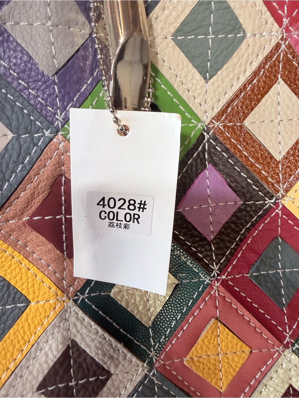 Multicolor Diamond Patchwork Leather Tote Bag - Picture 2 of 9